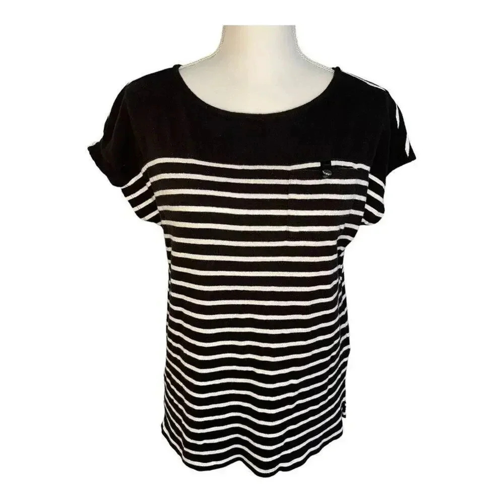 Anne Klein Sport Women’s‎ Small Single Pocket Black & White Striped Blouse